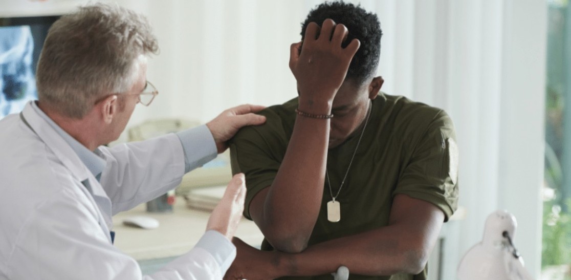 Veteran experiencing PTSD symptoms and sleep difficulties.